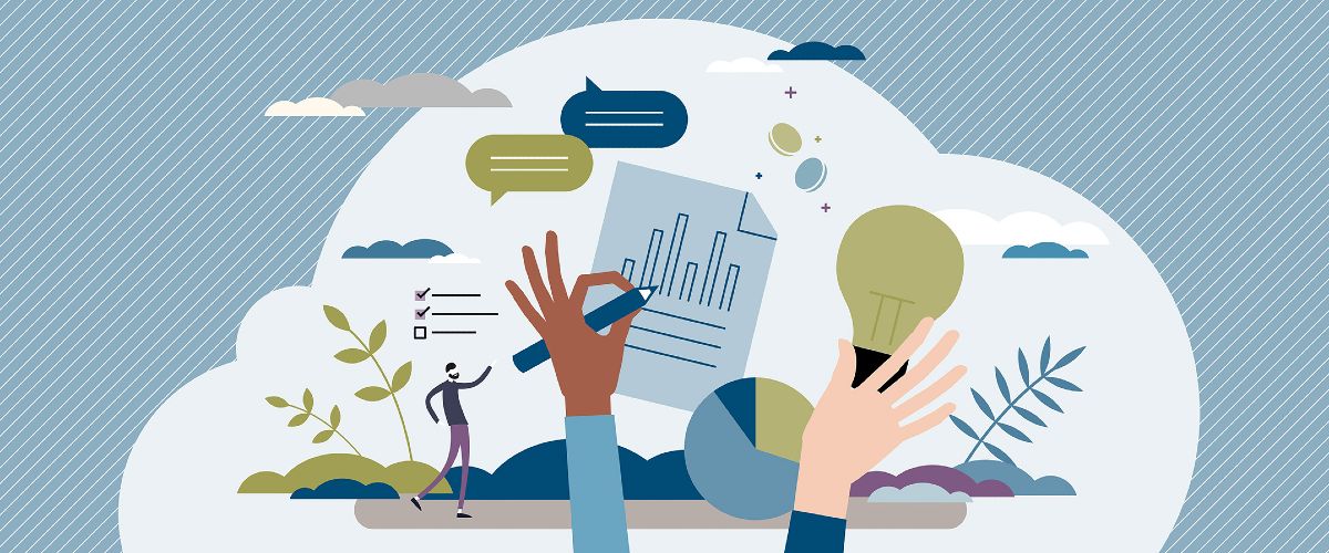 Die Illustration zeigt Hände, die ein Diagramm und eine Glühbirne halten.