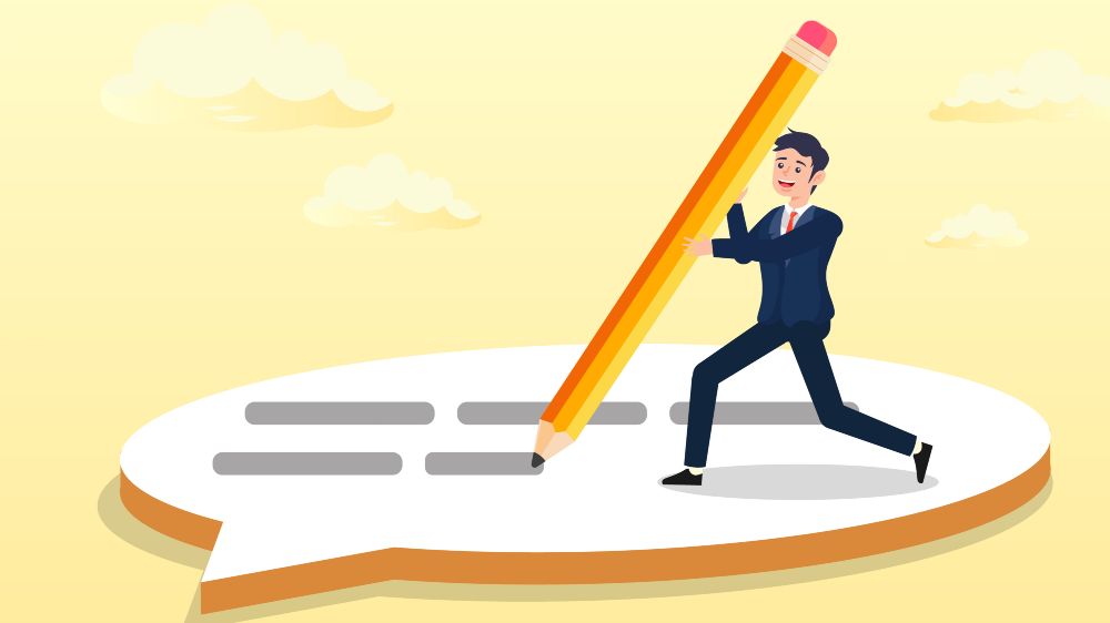 Illustration eines lächelnden Geschäftsmanns, der einen übergroßen Bleistift hält und in eine Sprechblase schreibt. Der Hintergrund ist gelb mit Wolken.